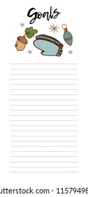 Goals printable page, hand drawn Christmas elements. Vector Illustration. Mittens, acorn, ornament.