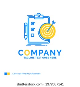 goals, report, analytics, target, achievement Blue Yellow Business Logo template. Creative Design Template Place for Tagline.