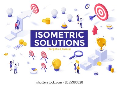 Goals set - people aiming and shooting targets and lightbulbs with bows and arrows, achieving business success. Bundle of isometric design elements isolated on white background. Vector illustration.