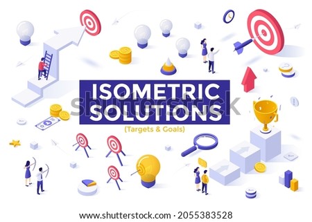Goals set - people aiming and shooting targets and lightbulbs with bows and arrows, achieving business success. Bundle of isometric design elements isolated on white background. Vector illustration.