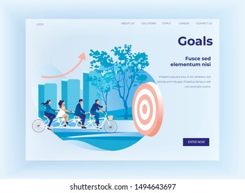 Goals Setting for Business Team Flat Landing Page. Cartoon Businessmen and Businesswomen Characters Riding Tandem Bicycles Towards Target. Team Building and Teamwork. Vector Illustration