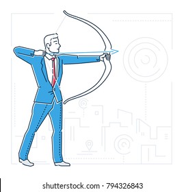Goals setting - line design style isolated illustration on white background. Metaphorical image of a businessman with a bow and arrow ready to hit the aim. Silhouettes of buildings with geo-tags