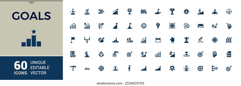 Definição de ícones de estilo sólido de metas. Contendo meta, realização, sucesso, progresso, motivação, planejamento, visão e muito mais. Coleção mínima de ícones de vetor preenchidos.