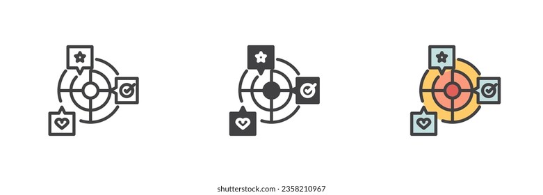 Ziele mit Stern, Herz und Checkliste verschiedene Stil Icon Set. Linie, Glyph und gefüllte Umrissversion, Umriss und ausgefülltes Vektorzeichen. Erfolgssymbol, Logo-Abbildung. Vektorgrafik