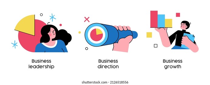 Goals, strategy and future achievement plan - set of business concept illustrations. Leadership, Direction and growth. Visual stories collection