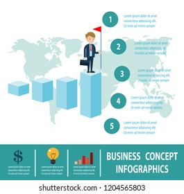 Goals, success, achievement and challenge business people concept, Businessman on a ladder above the clouds, step by step, person goes up the stairs, banner, diagram, web design, infographics