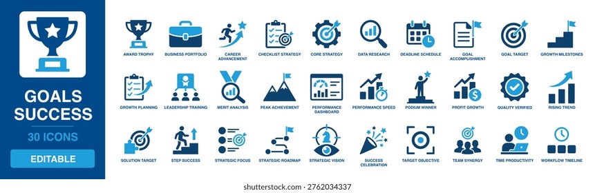 Goals Success solid vector glyph icon set featuring award trophy, career advancement, goal target, peak achievement, performance dashboard, and strategic roadmap symbols.