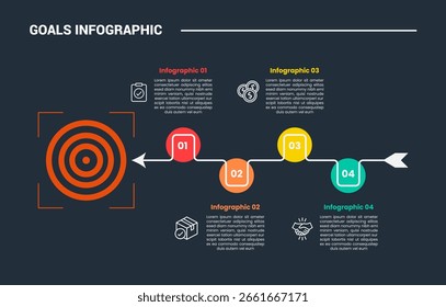 Objetivos Diagrama de proceso de infografía de destino con destino y flecha con algún círculo pegajoso con estilo Horizontal de línea de tiempo con fondo oscuro estilo de contorno brillante y Vector de 4 puntos