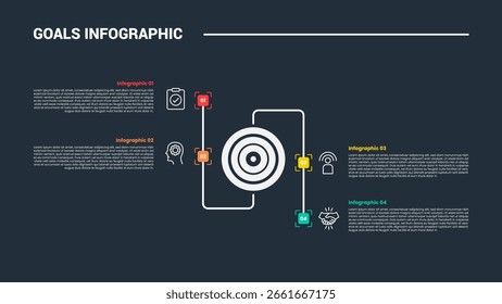 Diagrama de processo infográfico de destino de metas com centro de círculo grande e linha oposta para cima e para baixo onda com fundo escuro brilhante estilo contorno e 4 pontos vetor