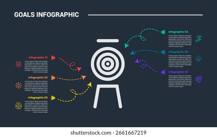Diagrama de proceso de infografía de objetivos con centro de íconos grande y puntero de línea suave ondulado que se extiende con estilo de contorno brillante de fondo oscuro y Vector de 6 puntos