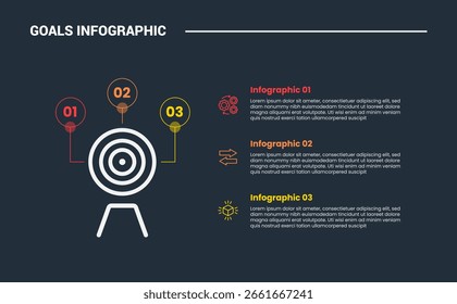 Objetivos Diagrama de proceso de infografía de destino con ícono izquierdo y descripción de lista apilada en columna derecha con estilo de contorno brillante de fondo oscuro y Vector de 3 puntos
