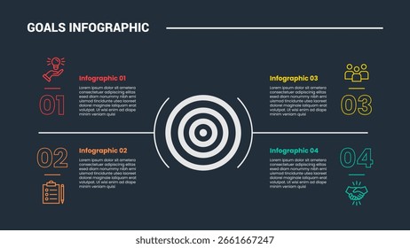 Goals target infographic process diagram with big target center on quadrant structure with dark background bright outline style and 4 points vector