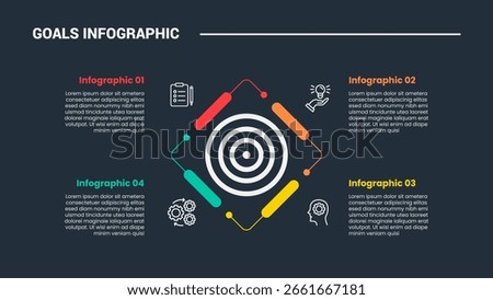 Goals target infographic process diagram with icon center and thick round line with skew circular direction with dark background bright outline style and 4 points vector