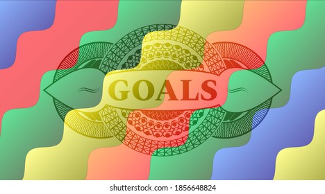 Goals text inside Colorful emblem. Curvy delicate background. Illustration. 