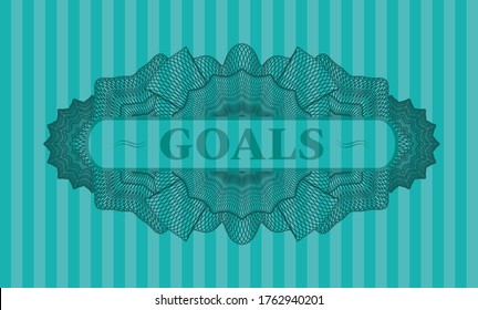 Goals text inside Guilloche Turquoise color badge. Bars fashionable background. Vector illustration. 