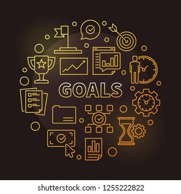 Goals vector golden circular concept illustration in outline style on dark background