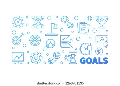 Goals vector horizontal outline blue illustration or banner on white background