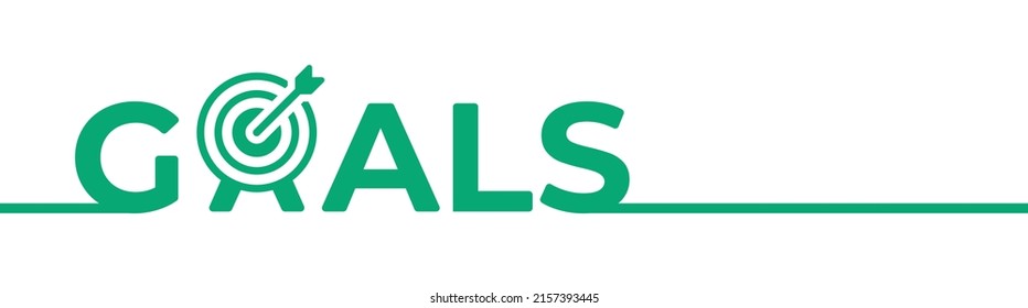 Goals word isolated on white background. Goals text with target symbol banner.