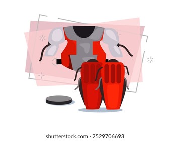 Protector de pecho y rodilleras de portero Vector. Jugador de hockey, ropa deportiva, kit de hockey. Concepto de hockey sobre hielo. La Ilustración vectorial se puede utilizar para temas como deportes, equipos deportivos, competición