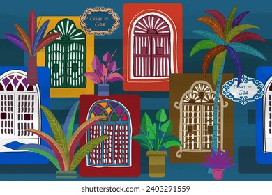 Goan windows are made from oyster shells in a Portuguese colonial style. Seamless colorful pattern with name plate with decor azulejo elements in traditional Goan colors.