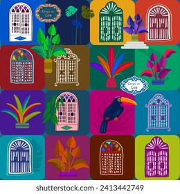 Goan windows are made from oyster shells in a Portuguese colonial style. Seamless colorful pattern with name plate with decor azulejo elements in traditional Goan colors. Panaji is the capital of Goa