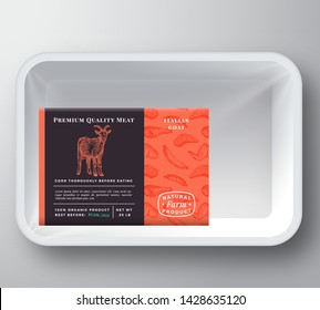 Goat Abstract Vector Plastic Tray Container Cover. Premium Quality Meat Packaging Design Label Layout. Hand Drawn Goat, Steak, Sausage, Wings and Legs Sketch Pattern Background. Isolated.