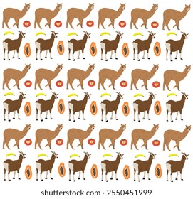 goat, alpaca with fruit as a pattern background