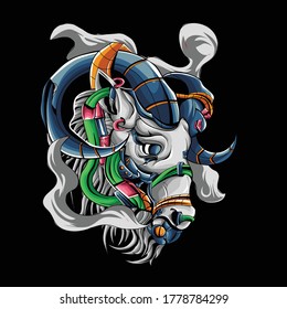 goat animal head illustration with a robot theme, illustration for sale. printed posters or t-shirts