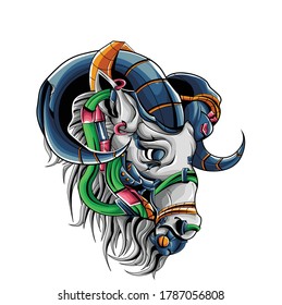 goat animal head illustration with a robot theme, illustration for sale. printed posters or t-shirts. 