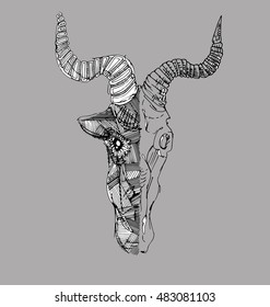 the goat animal with wool texture and half only skeleton hand drawn black outline isolated