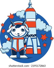 The goat astronaut stands next to the rocket. Children's illustration
