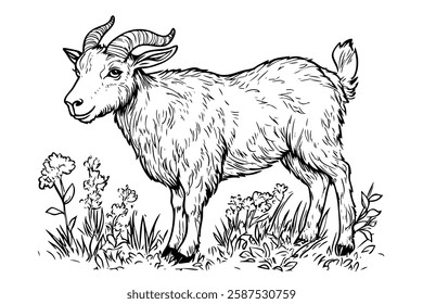 goat, baby goat isolated on white background. Black and white line drawing. For children's design of coloring books, prints, posters, cards, stickers, illustration