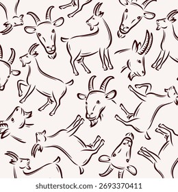 Fundo caprino, conjunto de padrões. Ícones da coleção cabra. Vetor