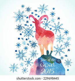 GOAT background. A watercolor hand drawn goat silhouette with snowflakes. Chinese astrological sign. New Year 2015. Vector illustration. 