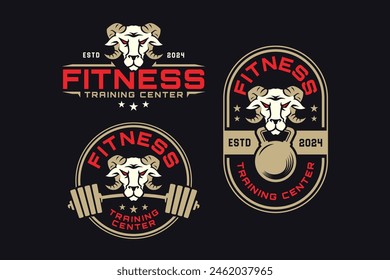 goat with barbell and kettlebell logo design for fitness, gym, bodybuilding, weightlifting club