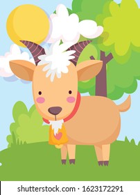 goat with bell tree grass sun farm animal cartoon vector illustration