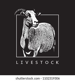 Goat - black and white vector illustration.  Cute farm animal image in profile in engraving style, isolated on black background. Portrait side view, graphic design element for logo or template.