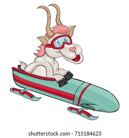 Goat with bobsleigh . Cartoon style. Clip art for children.