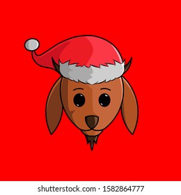 the goat cartoon christmas with santa claus cap logo design on red background