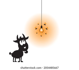 Goat cartoon illustration and light bulb, vector. Funny childish wall decals isolated on white background. Goat silhouette looking at lightbulb