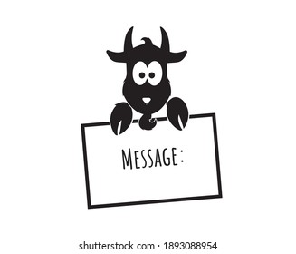 Goat cartoon illustration, vector. Cute goat silhouette holding a white board for a message isolated on white background. Wall decals, artwork, wall art design. Minimalist childish poster design