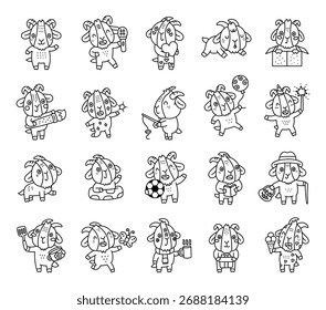 Personagem de cabra definido em esboço da arte da linha mostrando diferentes emoções e poses enquanto canta, dorme, lê, cozinha, pintura, agricultura, presentear, esportivo, beber, pegar borboletas