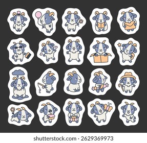 Goat character set showing various emotions and activities like reading, fishing, holding gift, wearing a bowler hat, jumping, smiling, waving, candy and cake, and enjoying fun moments