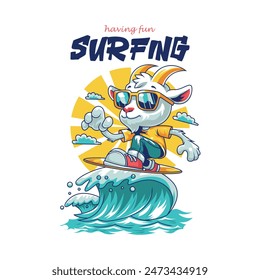 Ziegenfigur Surfen Cartoon-Stil Vektorillustration