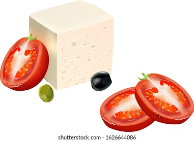 Goat cheese with fresh tomatoes and olives in vector format.