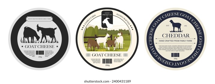 Goat cheese labels. Organic cheddar cheese slices, cartoon goat mozzarella products with labels for food packaging, dairy farm food concept. Vector set of cheese label illustration