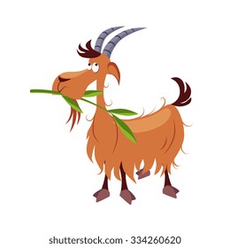 Goat Chewing Branch. Cartoon Vector Illustration Farm animals