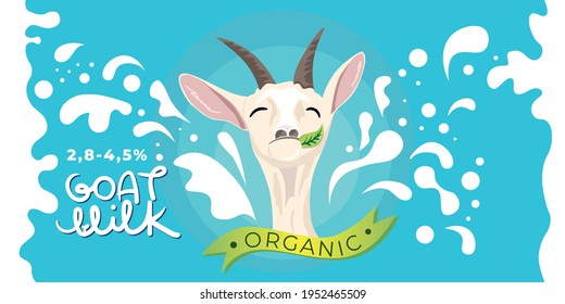 Cabra masticando una hoja sobre fondo azul, salpicando leche como elemento de diseño. Granja lechera, productos orgánicos y naturales. Diseño de paquetes para productos lácteos. Ilustración de vectores