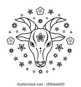 Goat  Chinese zodiac sign in line art style on white background.
