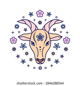 Goat Chinese zodiac sign in line art style on white background.